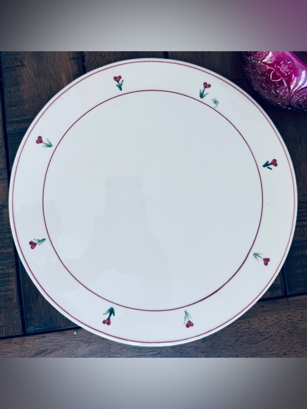 Heart Floral Ceramic Platter 10.5” White Red Trim Cottage Farmhouse